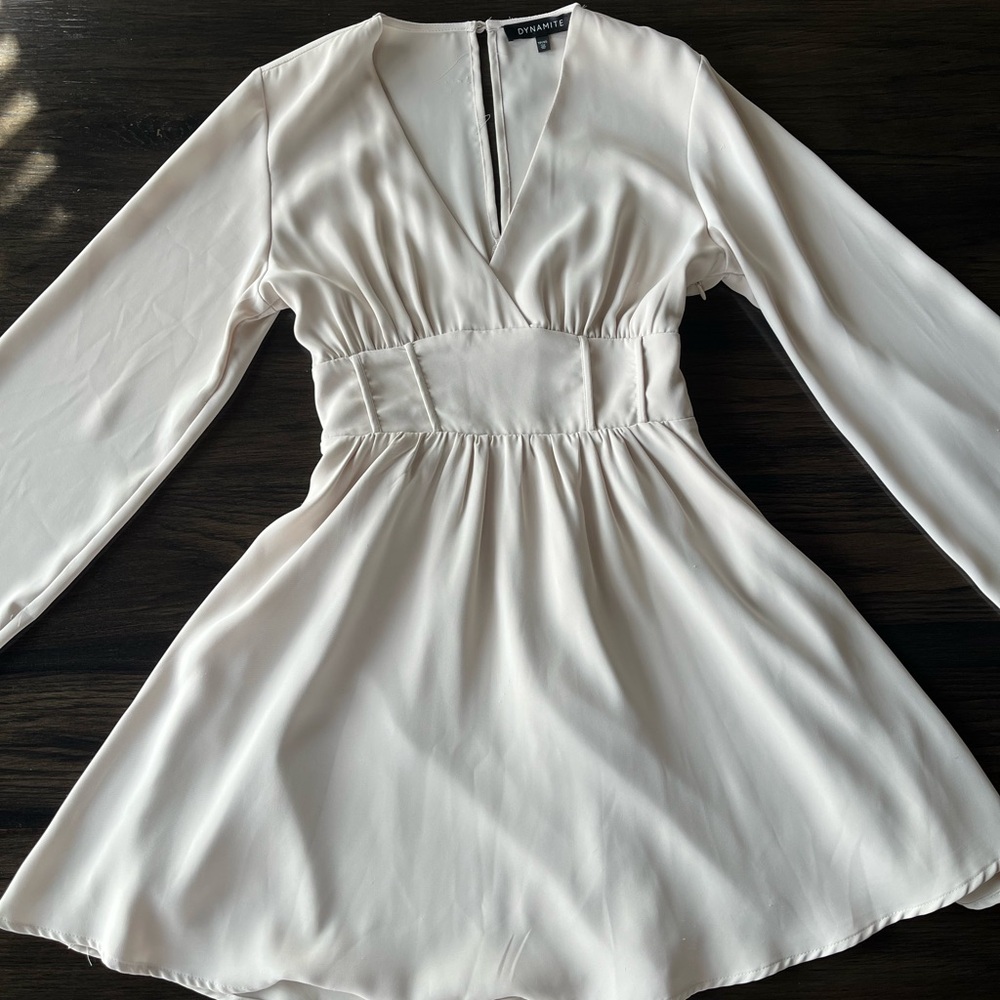 Dynamite Ivory Long-Sleeve V-Neck Fit & Flare Dress
